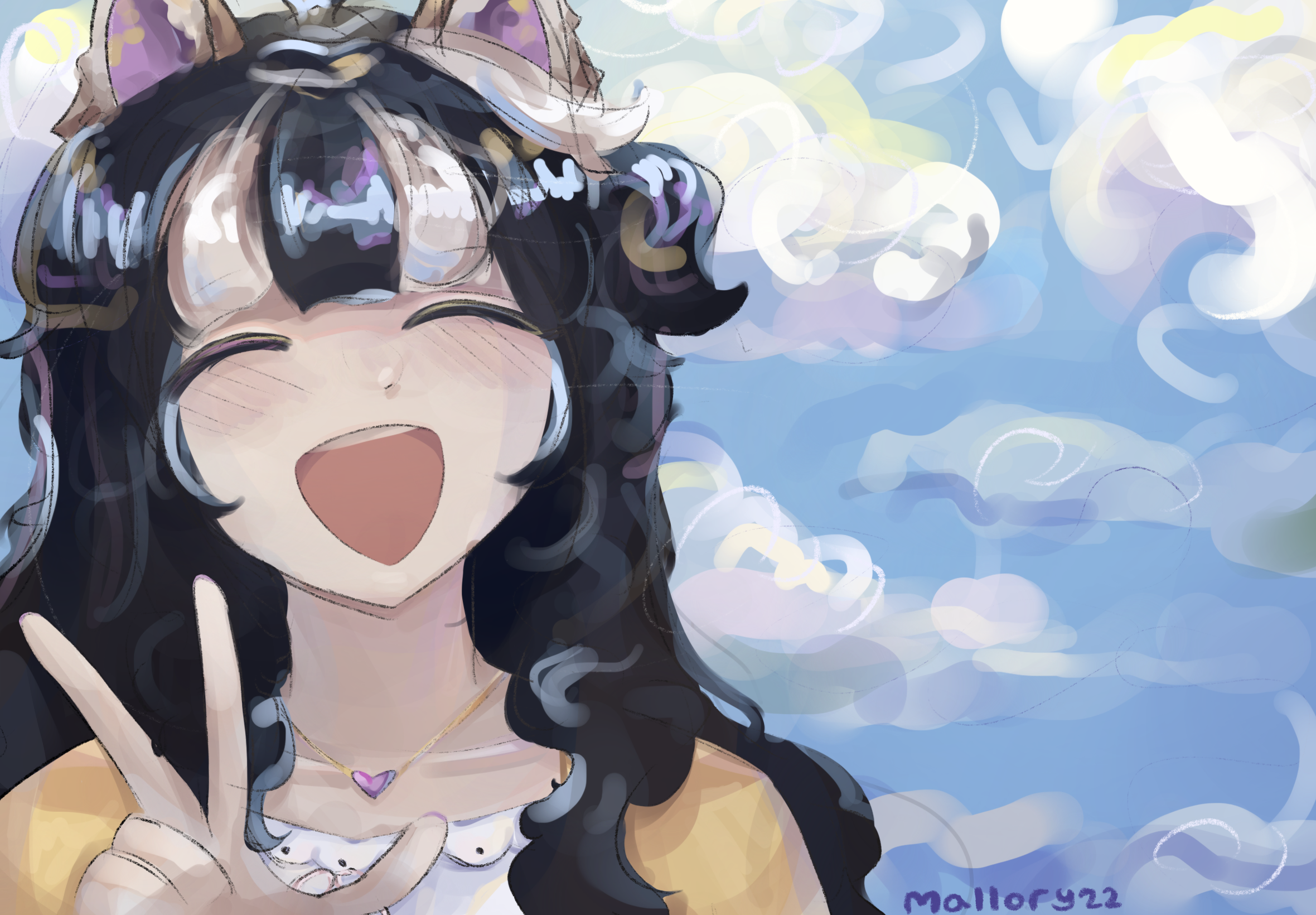 Art 19: Art of Honey_VBee's (af) Lizzy smiling and making a peace sign with clouds in the background