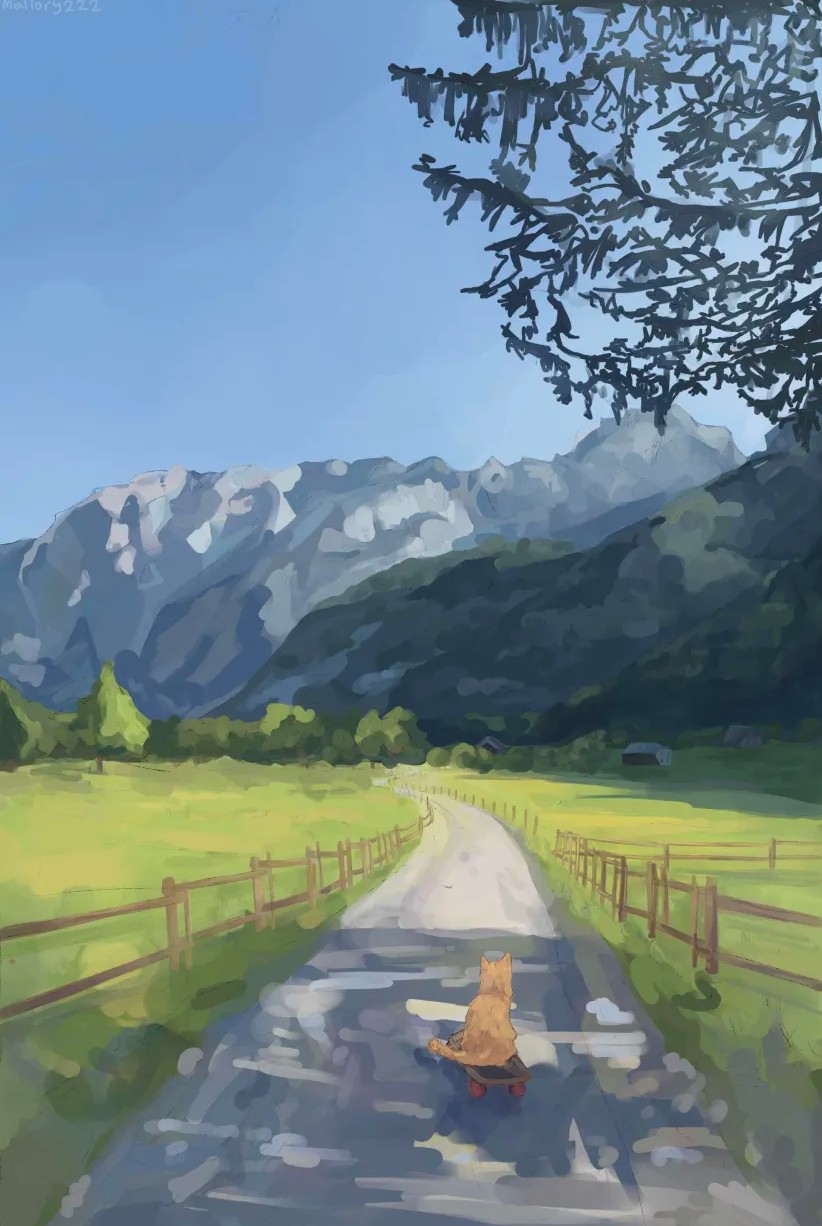 Art 12: A landscape artwork of a field with trees and mountains in the background. In the front, a cat is riding a skateboard