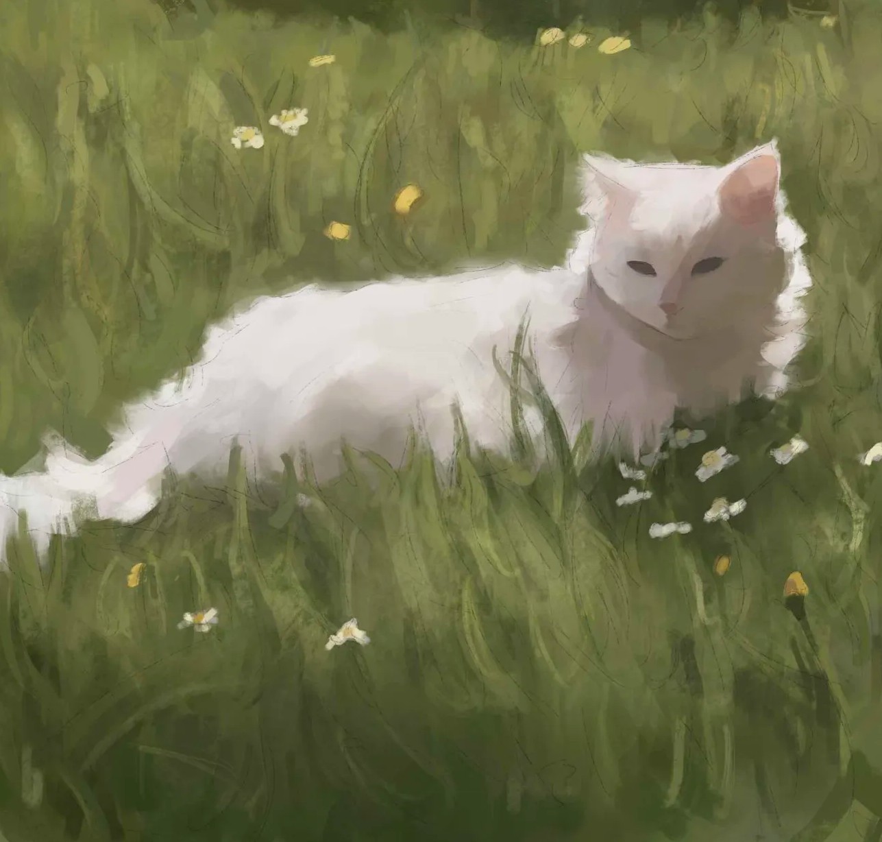 Art 5: A fluffy white cat laying in a field of grass and flowers 