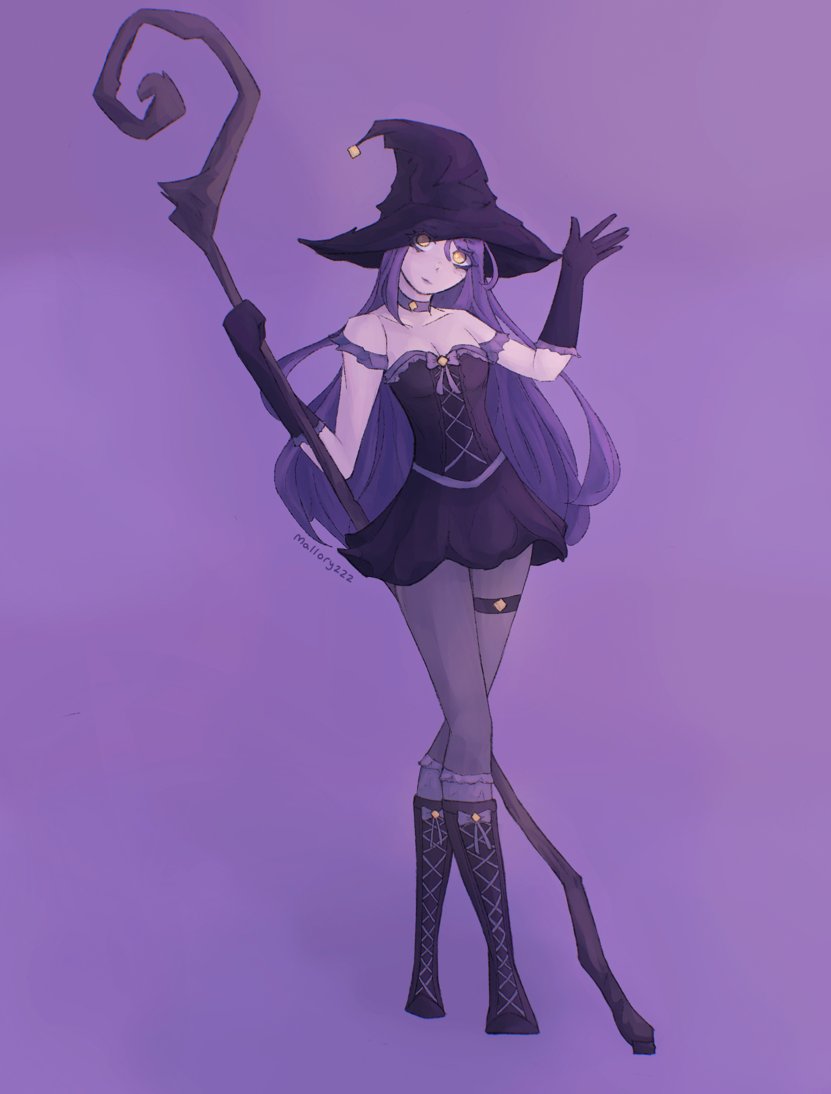 Art 15: A witch with purple hair and a black outfit waving and holding her staff